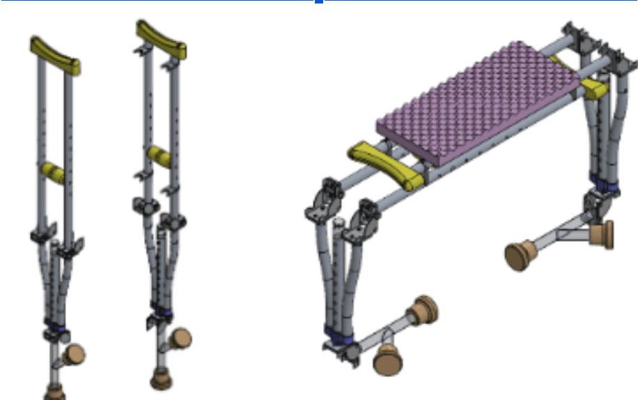 CAD views of the crutch-chair in its crutch and chair configurations